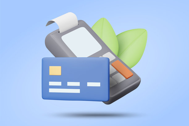 信用卡、收据和绿叶的3D矢量插画渲染的刷卡机图标。环保数字支付概念。无现金交易、金融科技、手机银行、现代零售图片下载