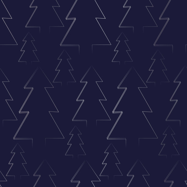 优雅的无缝图案，深海军蓝色背景上饰有柔和银色线条勾勒的极简几何圣诞树。图片下载