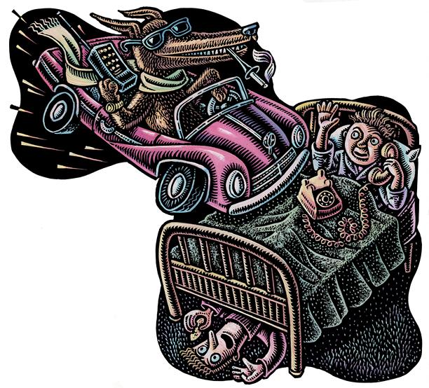 一个小男孩梦想着他的狗，狗开着跑车来找他图片下载