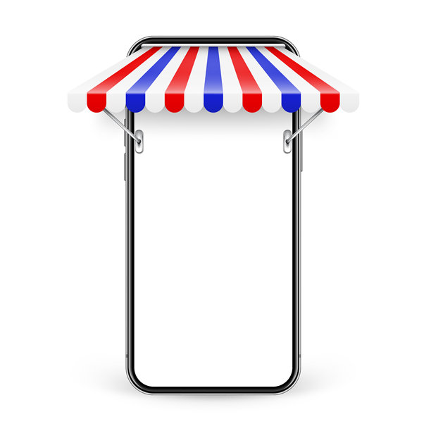 带有商店遮阳篷、金属支架的智能手机，在线网上购物。逼真的条纹咖啡馆遮阳篷。户外市场帐篷。法国国旗色的屋顶遮篷。夏季街头店铺。矢量插画图片下载