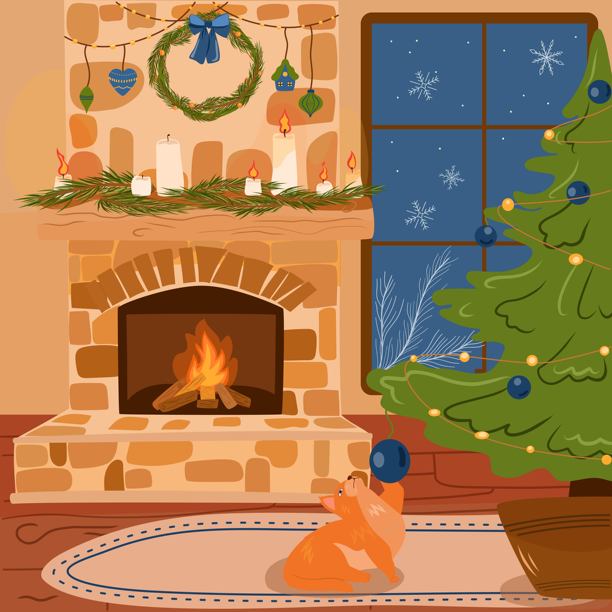 圣诞节室内装饰，有壁炉和装饰过的圣诞树图片下载