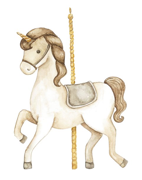 手绘水彩风格的旋转木马马匹插画，配有金色立柱和马鞍。适合用作婴儿房墙面艺术、生日贺卡、婴儿派对邀请函、庆祝剪贴簿、节日包装和派对项目。图片下载