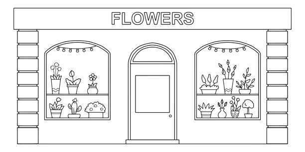 花店建筑的黑白素描插画矢量图图片下载