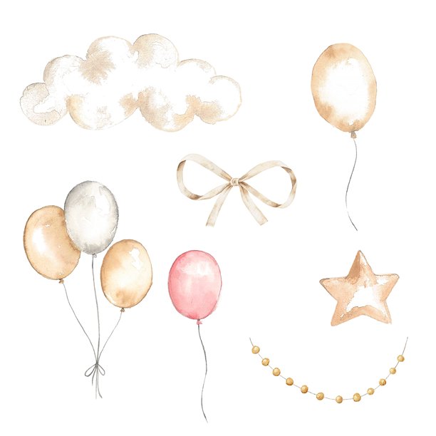 一套水彩元素：蓬松的云朵、柔和色调的气球、金色蝴蝶结、星星、珠子花环。非常适合生日邀请函、贺卡、宝宝艺术、托儿所项目、庆祝剪贴簿、手工创意。图片下载