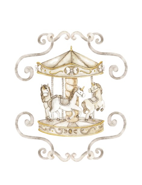 水彩插画，配有华丽的金框，装饰有旋转木马的马和蝴蝶结。专为字母组合、婴儿送亲邀请函、婴儿房海报、生日贺卡或个性化礼品设计。图片下载