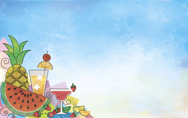 新鲜水果、夏日鸡尾酒、冰沙、鲜榨果汁和甜点的插画。图片下载