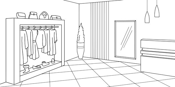 服装店内部黑白手绘草图插画矢量图图片下载