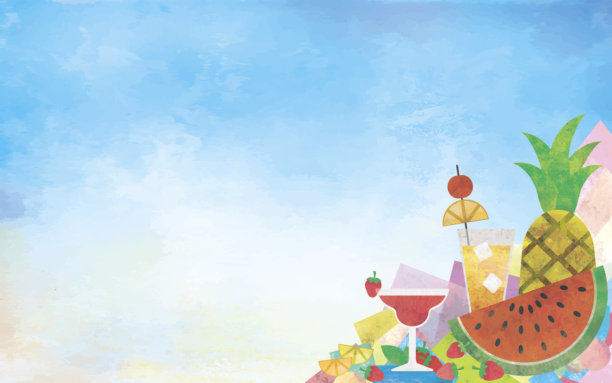 新鲜水果、夏日鸡尾酒、冰沙、鲜榨果汁和甜点的插画。图片下载