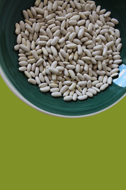 绿色背景的垂直照片，展示了一个装满生白豆的绿色陶瓷盘。留有文字空间。图片下载