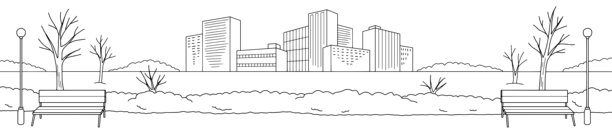 冬季公园景观黑白长线条素描插画矢量图图片下载