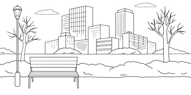 冬季公园景观黑白素描插画矢量图图片下载