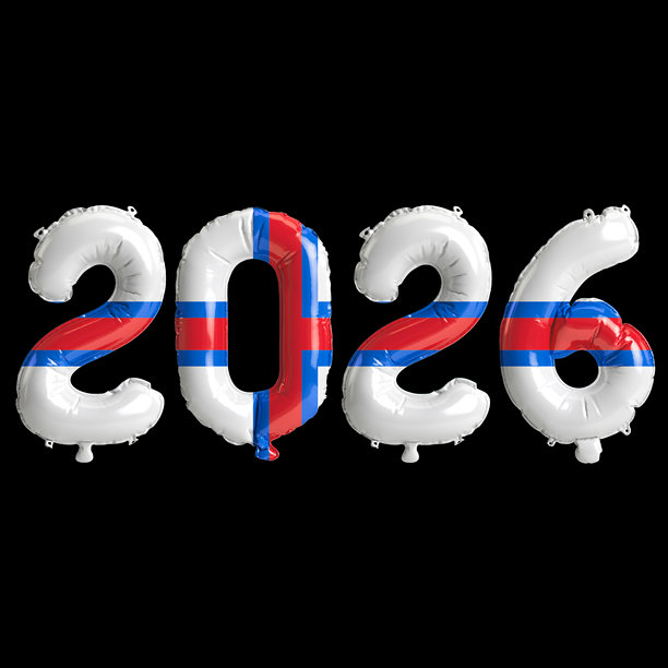 2026年法罗群岛国旗配色3D插画，黑色背景上的3D渲染气球数字图片下载