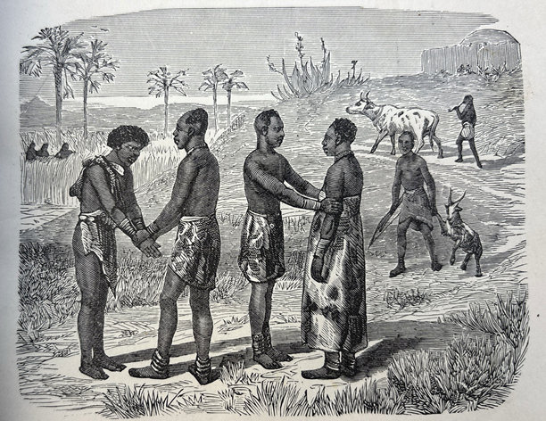 老式插画 - 非洲土著 - 男人互相问候图片下载