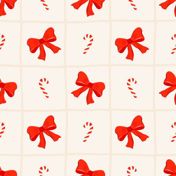 无缝图案，饰有红色蝴蝶结和拐杖糖，可爱的复古丝带元素，节日优雅的设计，适用于冬季、圣诞节或生日包装和装饰图片下载