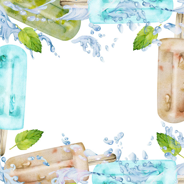 薄荷叶在冰凉的水花、波浪和水滴中，搭配冰棒、冰棍和甜点。手绘水彩风格的隔离方形边框插画。甜品包装，冷冻零食装饰。图片下载