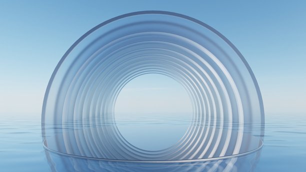 抽象简约几何背景的3D插画，水面上的玻璃设计几何讲台，产品展示背景图片下载