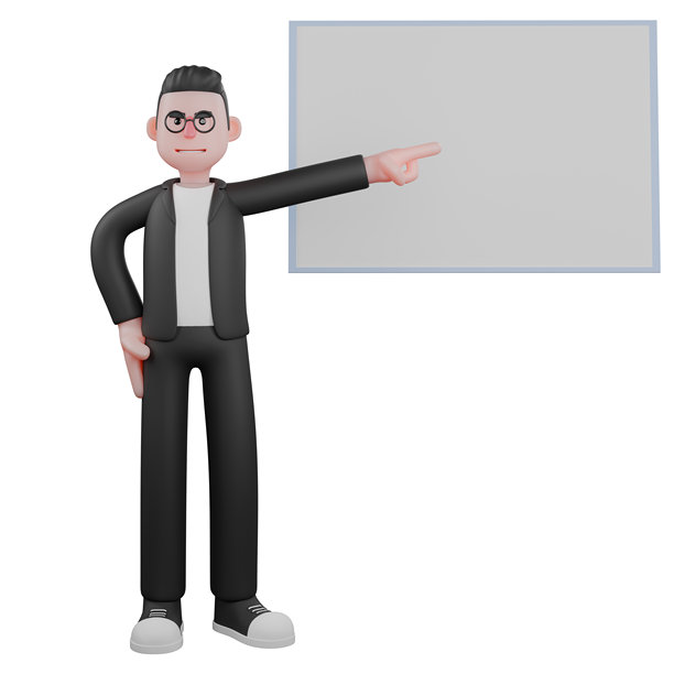 3D男性编辑插画：男性编辑站立指向左侧白板图片下载