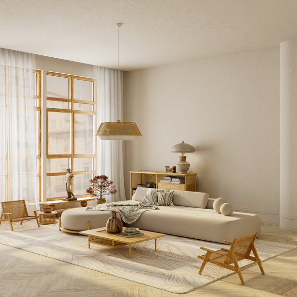 广角极简客厅室内，配有大窗户、舒适的沙发和用于放置文字的负空间，现代日式风格。3D插画图片下载