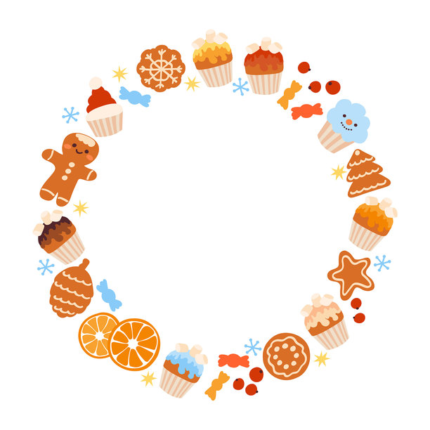 节日装饰边框，饰有可爱的蛋糕和姜饼，用于贺卡邀请函。圣诞节和新年设计节日相框。矢量图。图片下载