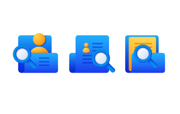 一组包含文件、人物符号和放大镜搜索图标的合集。3D矢量插画。图片下载
