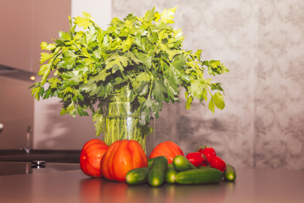 明亮闪光灯下，80年代复古风格的现代台面上摆放着新鲜蔬菜和欧芹花束图片下载
