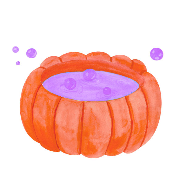 一个带有明亮、俏皮、冒泡药水的魔法南瓜女巫大锅。插画采用水彩风格。这幅插画非常适合季节性商品、主题派对请柬、秋季菜单和网站设计。图片下载