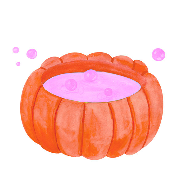 一个神奇的南瓜女巫大锅，里面盛着明亮、俏皮、冒着泡泡的药水。插画采用水彩风格。这幅插画非常适合季节性商品、主题派对邀请函、秋季菜单和网站设计。图片下载