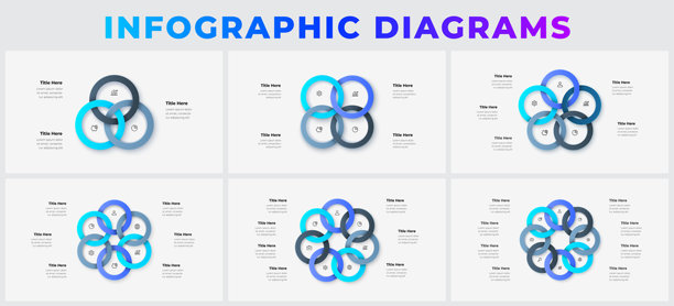 信息图表集，其中重叠的圆环构成圆形图，用于说明现代演示和素材项目的连接性、协作性和数据流。数据可视化模板图片下载