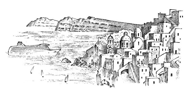 希腊的山脉和建筑景观。古希腊文化。双重曝光。手绘蚀刻草图，复古风格。图片下载