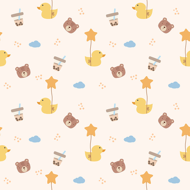 一只非常可爱的卡通小黄鸭在天空中，云朵上有熊、泡泡和奶茶作为背景。无缝矢量插画图案。图片下载