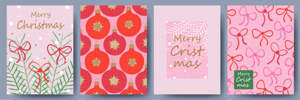 圣诞贺卡集。现代设计，包含圣诞蝴蝶结、彩球和祝福语。用于季节性横幅、海报、封面的时尚手绘插画。矢量插画。图片下载