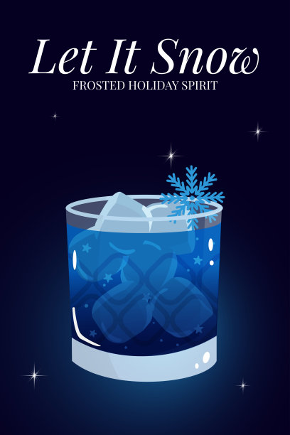 印刷品“Let It Snow”冬季鸡尾酒海报——带有冰霜蓝色的节日饮品插画，包含冰块、闪光和节日光辉。极简圣诞艺术，优雅的冬季饮品设计，非常适合季节性装饰。图片下载