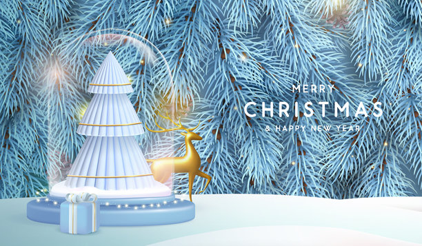 节日圣诞背景，包含3D玻璃球、金色鹿和银色圣诞树纹理。矢量插画图片下载