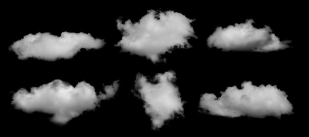 集合了孤立的白色云朵，背景为黑色，非常适合用于照片蒙太奇、数字设计、天空替换或天气概念等创意平面设计和视觉项目。图片下载