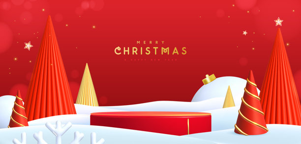 节日圣诞展示，红色背景，带有雪景、3D讲台和圣诞树。抽象极简场景。矢量插画图片下载