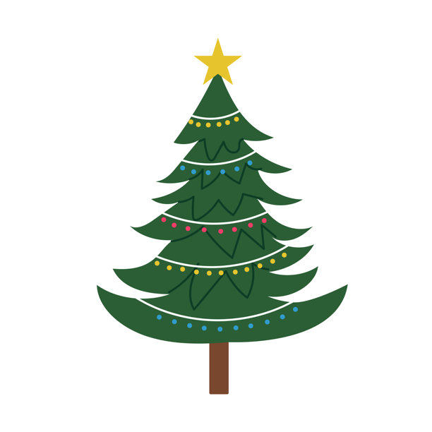 圣诞树，树顶有金色星星，挂有彩色花环。平面矢量插画，孤立在白色背景上。图片下载