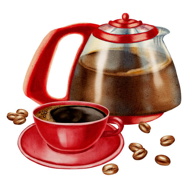 水彩插画，描绘了一个咖啡杯、咖啡豆和一个红色的咖啡壶。适用于咖啡店、咖啡馆、包装、菜单和产品设计。图片下载