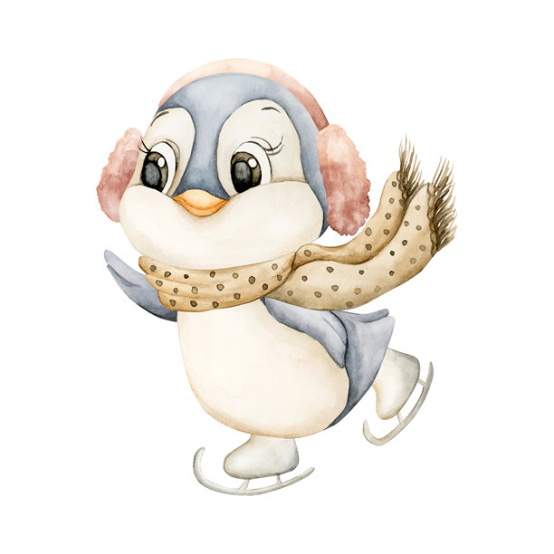 可爱的企鹅戴着围巾和耳罩滑冰。水彩手绘插画，孤立在白色背景上，冬季设计图片下载