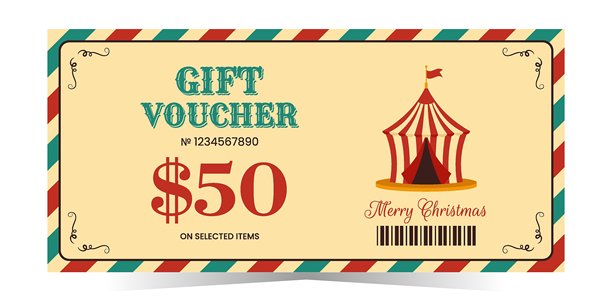 圣诞马戏团礼品券设计模板。复古矢量插画，孤立在白色背景上。复古风格的优惠券模型，适用于魔术表演、剧院、景点、嘉年华等。图片下载