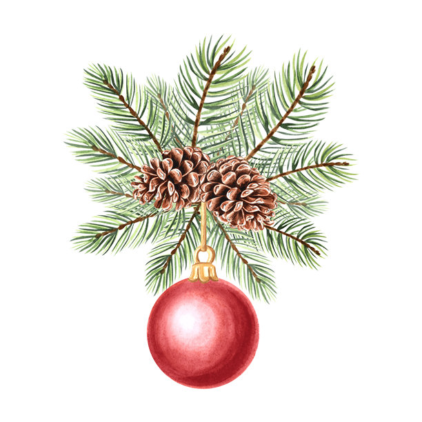 红色的圣诞树彩球装饰在云杉枝上，水彩风格，隔离插画，适合节日设计。手绘松枝带有冬季节日装饰。绿色的冷杉嫩枝剪贴画，适用于贺卡、包装纸和印刷品。图片下载