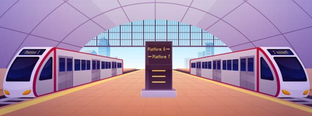 火车站矢量扁平化插画，空旷的地铁站内部，配有现代高速列车和站台图片下载