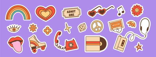 复古Y2K美学贴纸包，包含时髦的怀旧符号和有趣的流行文化设计。用于剪贴簿、笔记本电脑、计划本和数字项目的潮流装饰合集。矢量插画。图片下载