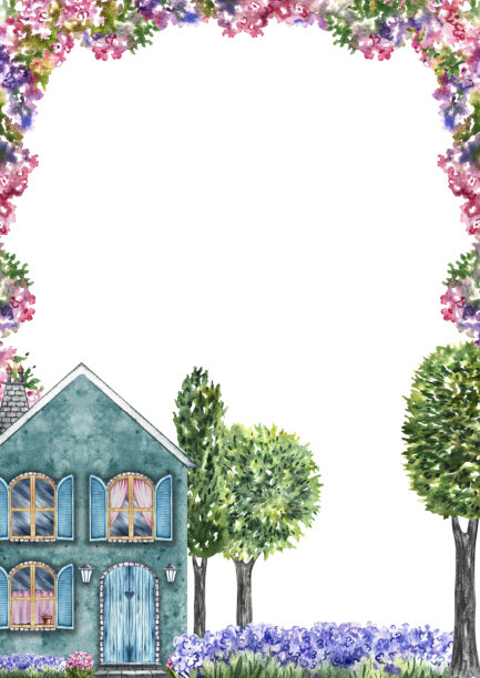 鲜花和欧洲房屋的边框。手绘水彩插画。一座童话般、可爱的、蓝色的、两层楼的复古风格房屋。用于邀请函、贺卡、海报等。图片下载