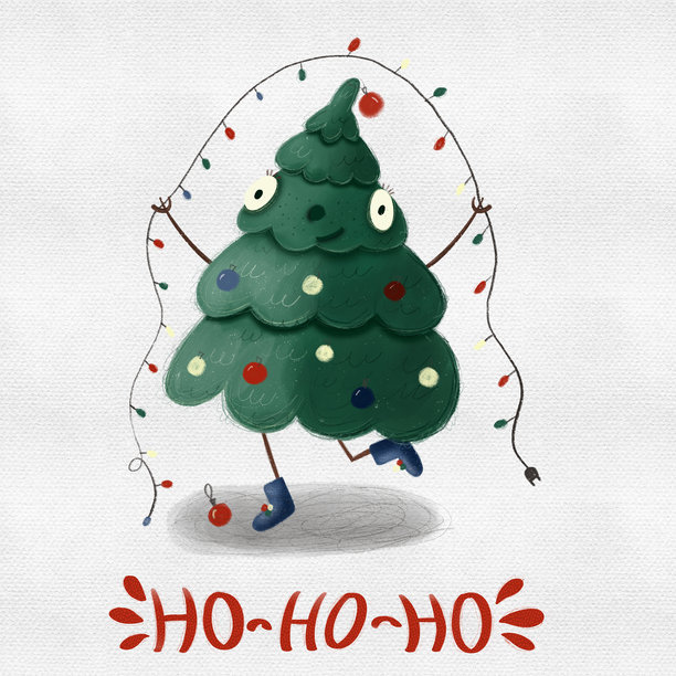 可爱的圣诞树角色，闪烁着彩灯——节日插画图片下载