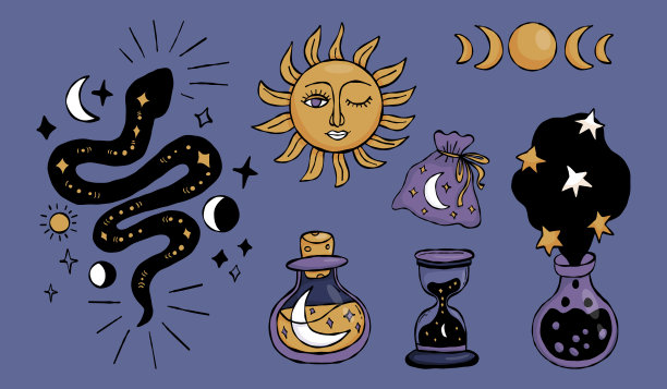 女巫套装。神秘的蛇，带有月相、星星、太阳、沙漏、灵药、药水瓶和天体符号。孤立的魔法彩色纹理手绘，用于玄学设计。矢量插画，非人工智能图片下载