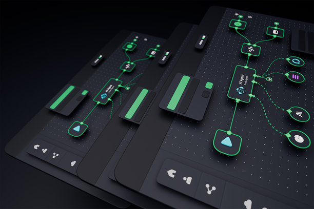 AI工作流程自动化人工智能软件界面节点触发器数据工具仪表板编码图标流程技术3D渲染图片下载