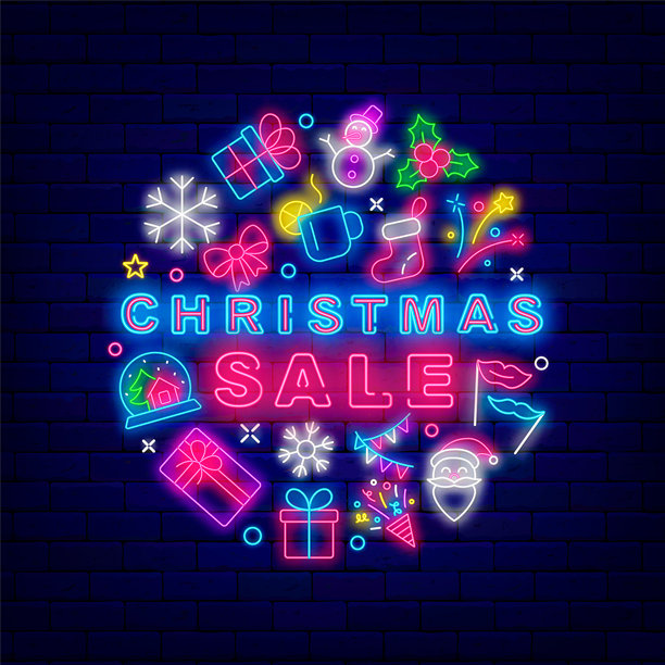 圣诞促销霓虹招牌。闪亮的横幅。冬季零售。圆形布局，带有节日图标。矢量素材插画图片下载
