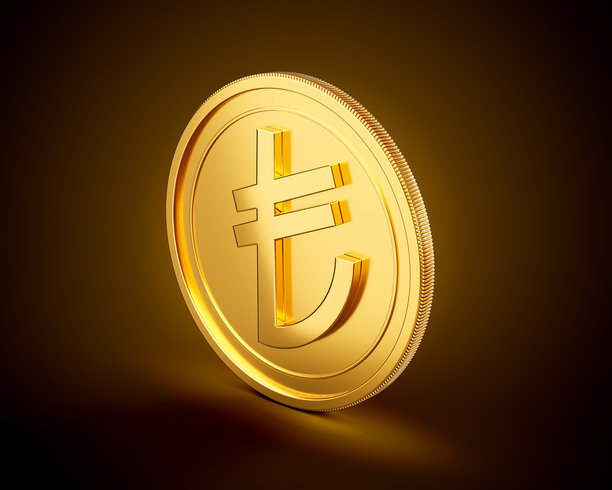 金色闪亮的圆形土耳其里拉硬币，背景为闪亮的金色光辉，3D插画图片下载