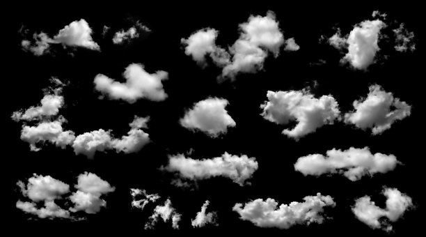 纯白云朵形状集，孤立在黑色背景上，非常适合天空设计、照片编辑、天气、奇幻场景以及高分辨率的创意数字艺术。图片下载