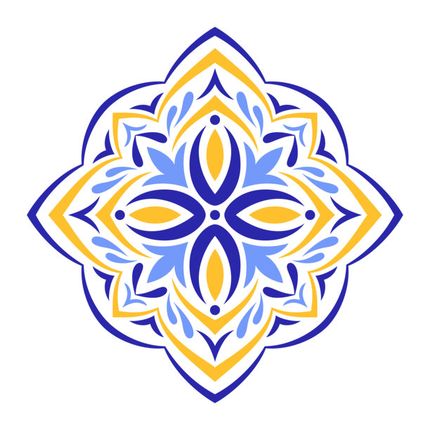 地中海风格的蓝黄民族风花卉图案，矢量插画图片下载